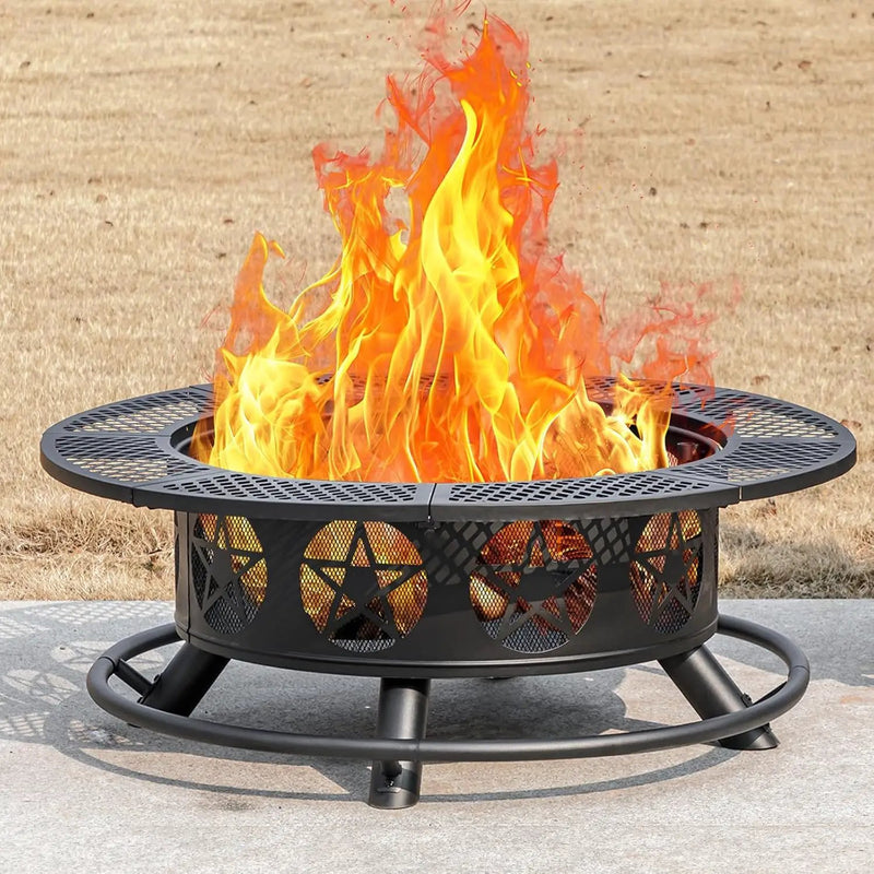 42 Inch Fire Pit with 2 Grills, Extra Large Wood Burning Fire Pits for Outside with Lid & Poker, Heavy Duty Firepit,BBQ& Outdoor Fire Pit & Round Metal Table 3 in 1 for Patio, Picnic, Party by GreenHaven Gardens