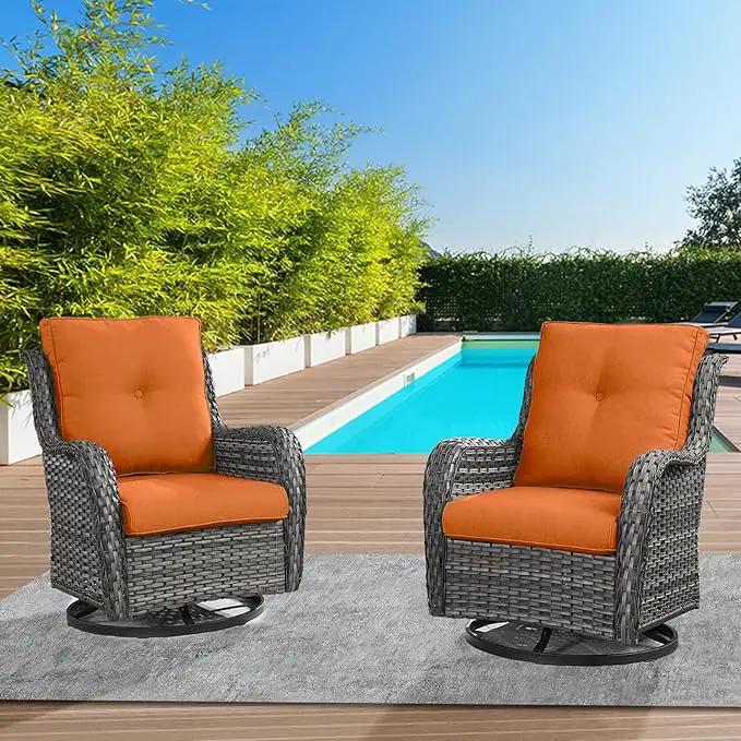 Outdoor Swivel Rcoker Wicker Chairs - Swivel Patio Chairs Set of 2 Patio Furniture Sets with Covered Cushion for Porch Deck Balcony Backyard, Orange Cushion by GreenHaven Gardens