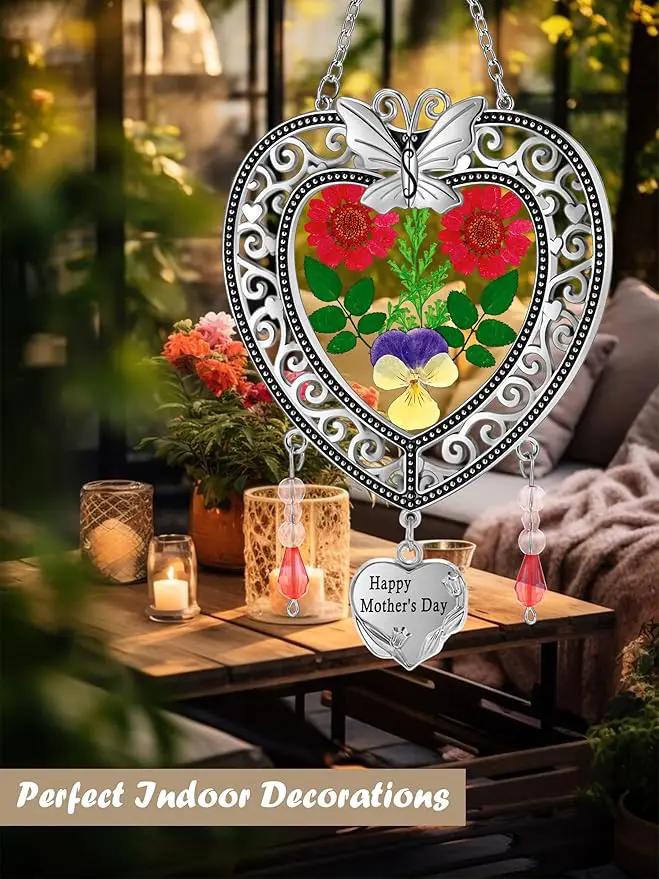 KY&BOSAM Suncatcher Happy Mother’s Day Stained Glass Tree of Life Heart Gifts Garden Ornament Wind Chimes for Windows Pressed Flower Between Heart in Glass Metal Engraved Charm as by GreenHaven Gardens