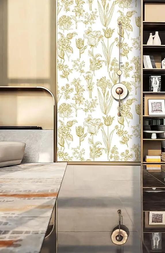 Dimoon 393"x17.3" Floral Wallpaper Peel and Stick Flowers Golden White Contact Paper Thicken Waterproof Modern Self Adhesive Plants Wallpaper Removable Wall Paper Shelf Vinyl Roll by GreenHaven Gardens