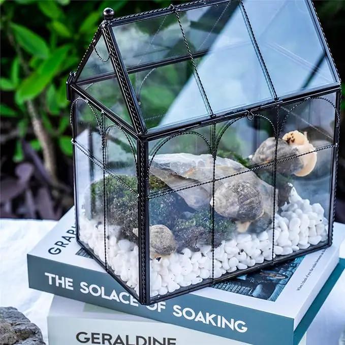 NCYP Black Glass Terrarium with Lid, Indoor Geometric Planter for Cacti, Air Plants, Succulents, Insect, Snail, House Shape Closed Box 7.5" x 4.9" x 9" (No Plant Included) by GreenHaven Gardens