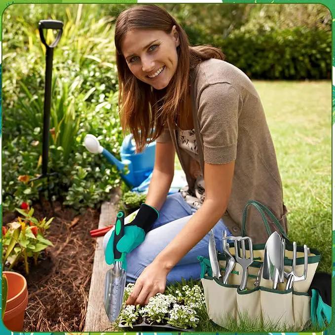 Garden Tool Set, 11 Piece Stainless Steel Heavy Duty Gardening Supplies with Green Black Handle Outdoor Weeding Gifts for Women by GreenHaven Gardens