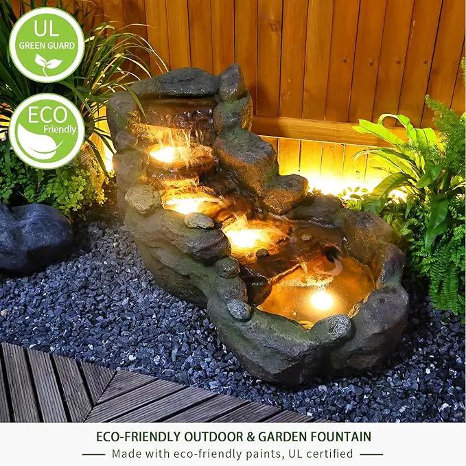 Garden Outdoor Water Fountain, 42.1" L Floor Standing Tiered Rock Outdoor Fountains with LED Lights and Pump for Garden, Backyard, Deck, Patio, Porch and Home Art Decor by GreenHaven Gardens