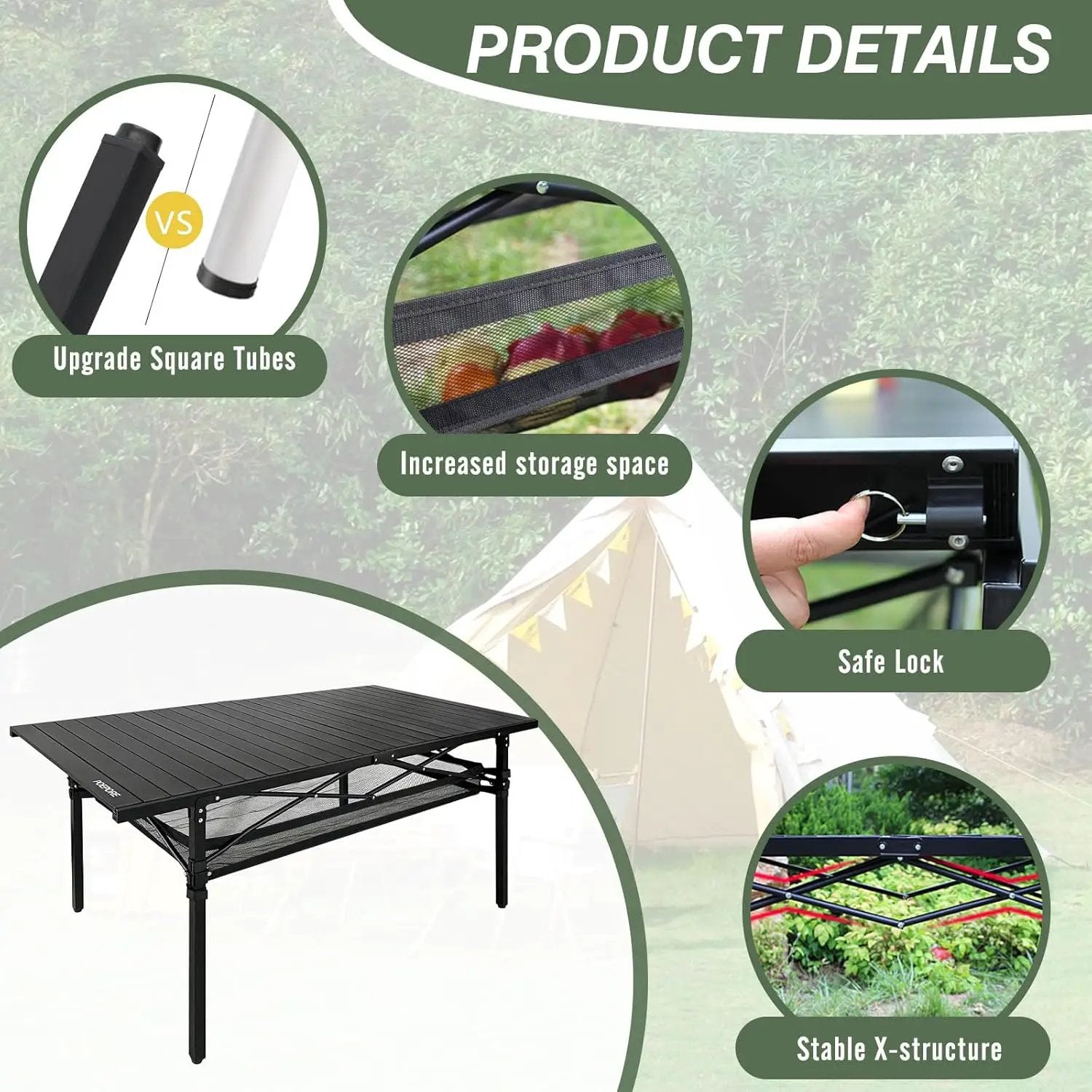 Large Folding Camping Table Aluminum with Storage for 4-6 People 55"X27.5" Roll Up Tall Outdoor Portable Table Lightweight with Carry Bag for Picnic BBQ Backyard Beach by GreenHaven Gardens