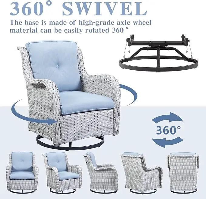 Wicker Outdoor Furniture Patio Furniture Set - 6 Piece Patio Conversation Set with Swivel Rocker Chairs, Loveseat Sofa, Ottomans and Coffee Table, Baby Blue Cushion by GreenHaven Gardens