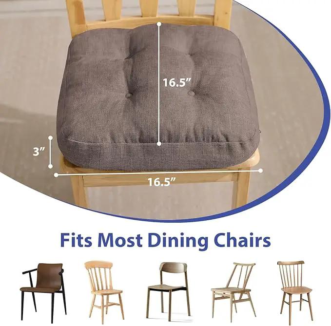 Chair Cushions for Dining Chairs, Dining Chair Cushions, Tufted Indoor Chair Pads with Ties & Non Slip Backing, Seat Cushions for Kitchen Chairs 16.5” x 16.5” x 3.5”, Set of 4, Light Brown by GreenHaven Gardens