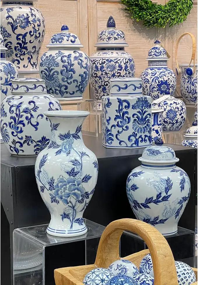 Galt International Blue and White Floral Chinoiserie Ceramic Vase 14" - Hand Painted Antique Style Porcelain Flower Bottle Fishtail Porcelain Chinese Vase for Home Decor Centerpiece by GreenHaven Gardens