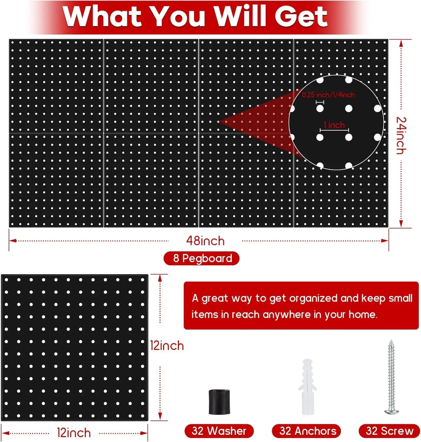 4 Pack Black Metal Pegboard Panels, Heavy Duty Steel Peg Boards Wall Organizer with Screw, Anchors and Washer Accessories for Garage, Tool Storage, Office Organization, Craft Room, Kitchen by GreenHaven Gardens