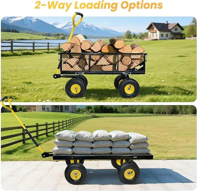 900 lbs Steel Garden Cart, Heavy Duty Yard Utility Wagon with 10" Pneumatic Tires, Removable Mesh Sides and 180° Rotating Anti-Slip Handle by GreenHaven Gardens