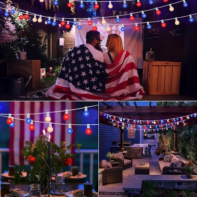 4th of July Decorations String Lights, 25Ft Outdoor Patio String Lights with 27 G40 Red White and Blue Light Bulbs(2 Spare), Independence Day Lights for Patriotic Party Garden Festival Decor- White by GreenHaven Gardens