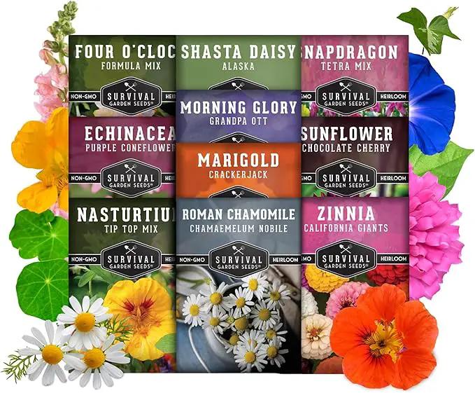 Survival Garden Seeds 10 Flower Collection - Four O’Clock, Chamomile, Shasta Daisy, Purple Coneflower, Marigold, Morning Glory, Nasturtium, Snapdragon, Sunflower, Zinnia - Non-GMO Heirloom Varieties by GreenHaven Gardens