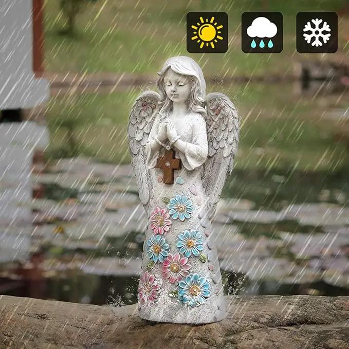 Angel Garden Figurine Outdoor Statue, Solar Garden Sculpture with 7 LEDs Welcome Sign Resin Praying Angel Art Decor for Patio Lawn Yard Porch Decoration, Housewarming Gift by GreenHaven Gardens