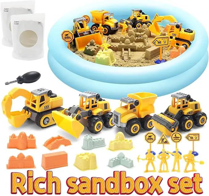 Play Construction Sand Kit,2.2lbs Magic Sand W/4 Large Take Apart Construction Trucks,1 Sandbox,8 Worker Figures and Road Signs,8 Molds,Toys for 2-8 Years Old Boys Girls by GreenHaven Gardens