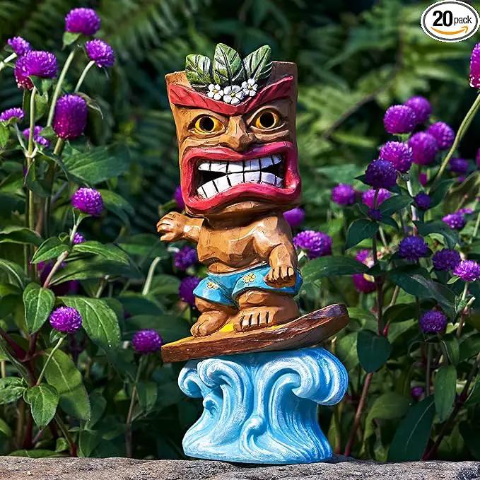 Solar Tiki Statue Outdoor Decor-Tiki Bar Decor-Garden Tiki Surfing Statues Waterproof Decoration Figurine for Tiki Bar,Patio,Balcony,Yard,Lawn,Table,Desk 9.92 Inches Tall by GreenHaven Gardens