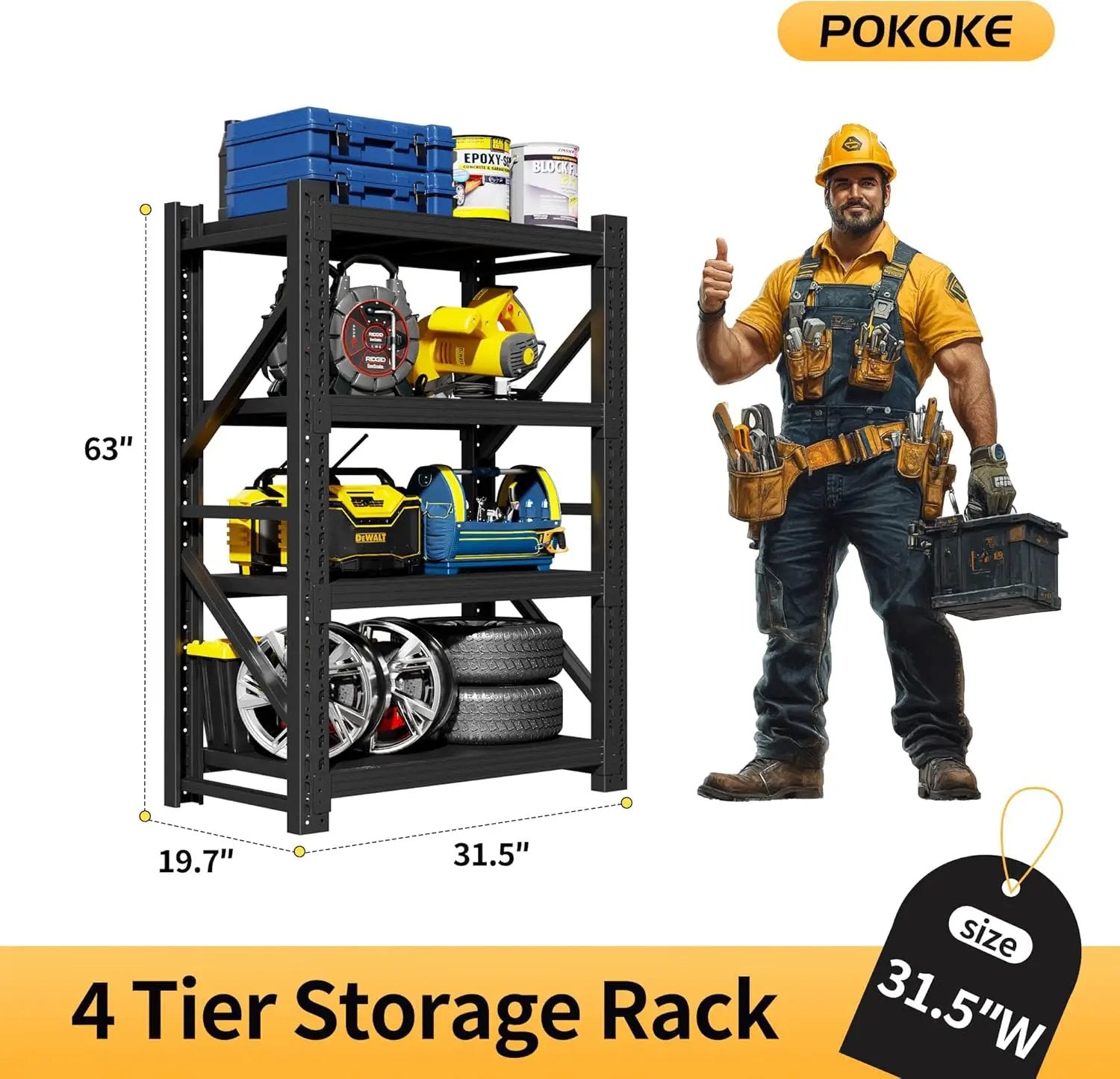 Garage Shelving Unit, 4 Tier Heavy Duty Racks, Easy Assembly, Metal Racks with Adjustable Shelves, 3000 LBS Load Capacity,for Warehouse,Basement (Black, 19.7" D x 31.5" W x 63" H) by GreenHaven Gardens