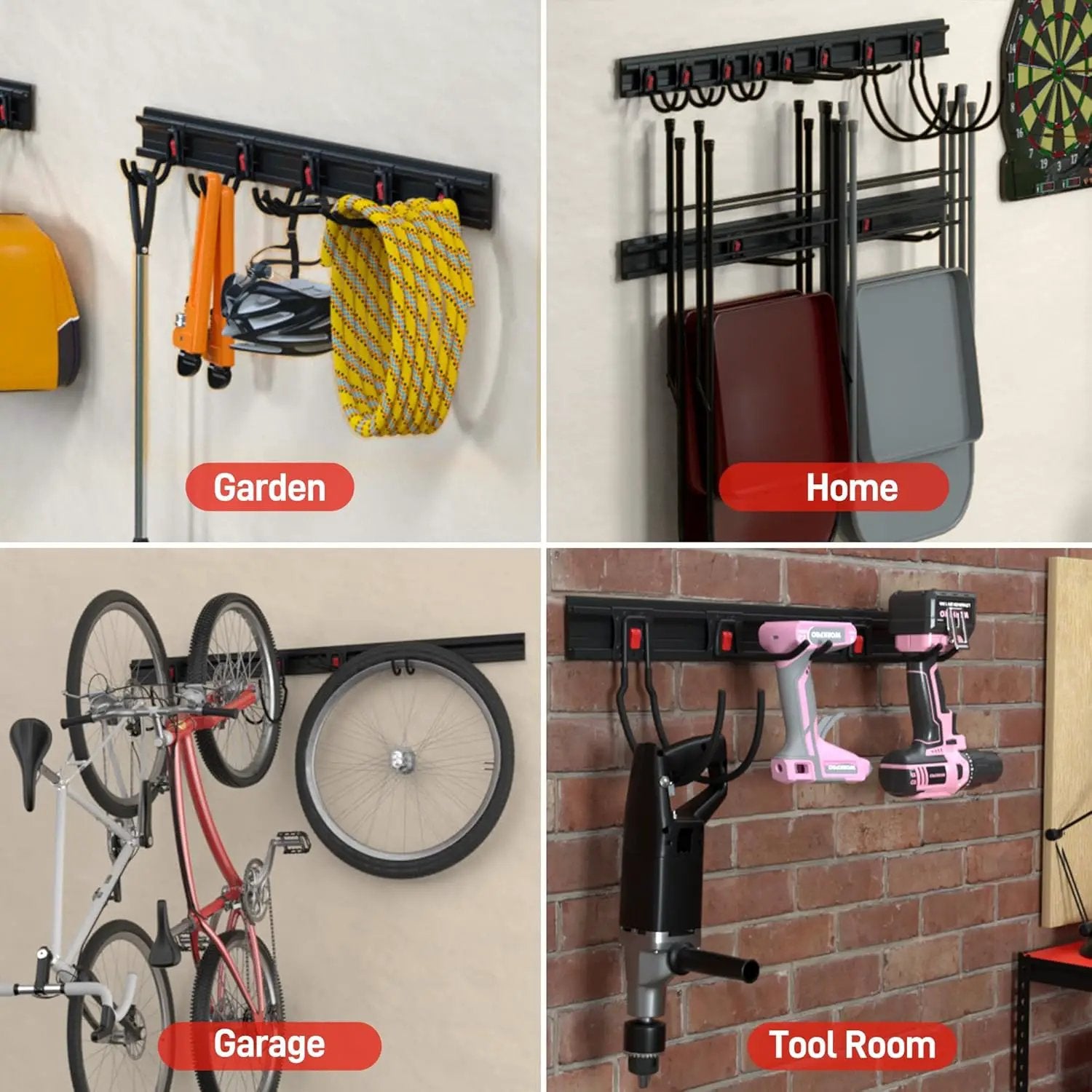 WORKPRO Garage Tool Organizer Wall Mount, Garage Organization Garden Tool Rack Holder System, 64-Inch 4 Rails with 8 Heavy Duty Adjustable Hooks for Hanging and Storage by GreenHaven Gardens