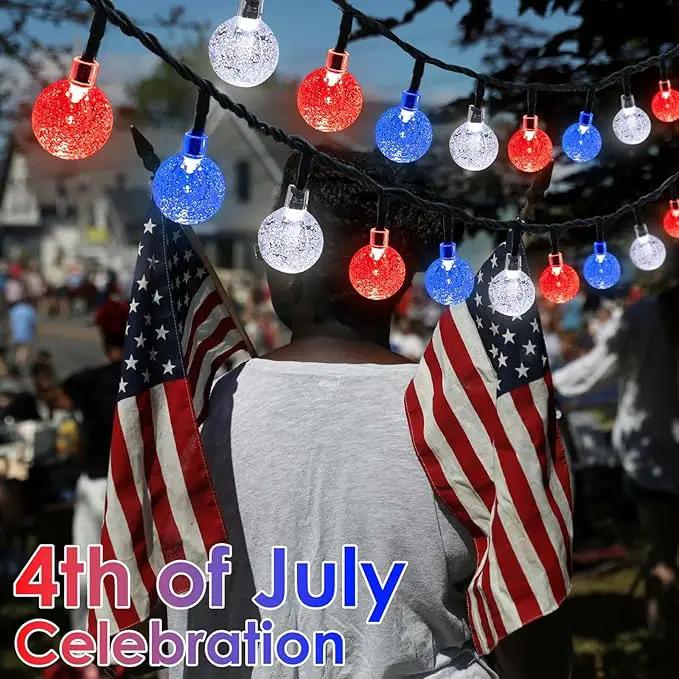 LORRYTE 2-Pack Red White and Blue Crystal Globe Solar String Lights Outdoor, 64FT 100 LED Waterproof Patriotic Lights 8 Lighting Modes for Memory Day Independence Day 4th of July Christmas by GreenHaven Gardens