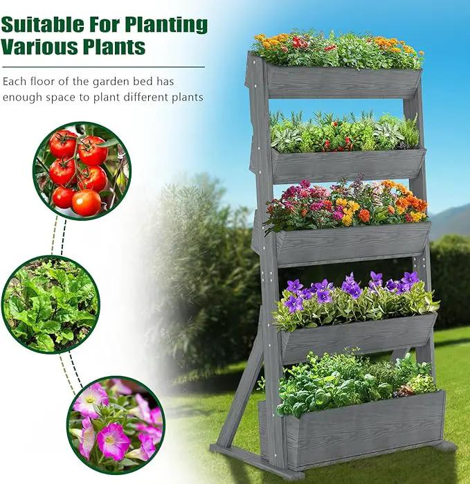 SUNYRISY 4 Tiers Vertical Raised Garden Bed Outdoor Planter Tower, Wooden Freestanding Planter Box for Planting Herbs Flowers Vegetables Backyard Patio Balcony Indoor Outdoor Gardening, Grey by GreenHaven Gardens