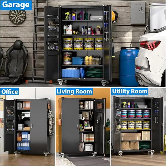 Upgraded Wide & Deep Extra Large Metal Storage Cabinet on Wheels,Lockable Garage Cabinets with 3 Pegboards,2 Tool Pouches for Garage,Office,Assembly Required,Black,43.3''W x 21.6''D x 72''H by GreenHaven Gardens