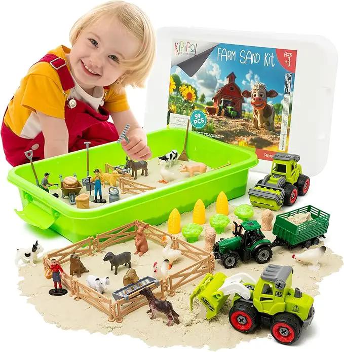 59 PCS Farm Sensory Bin Sandbox with Lid, 2.2 LB Sensory Sand, 40 Toddler Farm Toys, 3 Take Apart Construction Trucks -Sensory Toys for Kids 5-7, 3-4 & Up- Kids Gifts for Boys and Girls by GreenHaven Gardens