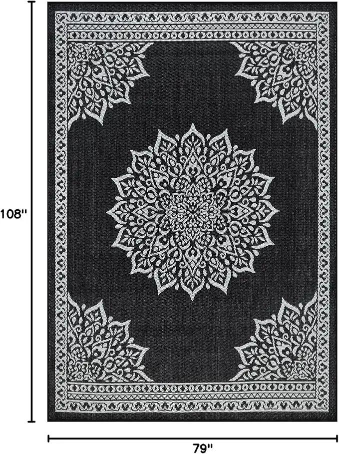CAMILSON Outdoor Rug, 6x9 Medallion Black White Modern Area Rugs for Indoor and Outdoor Patios, Kitchen and Hallway Mats, Washable Porch Deck Outside Carpet (Medallion Black, 6 x 9) by GreenHaven Gardens