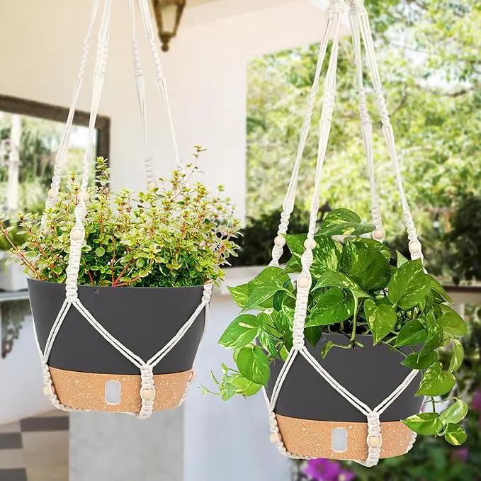 QCQHDU 2 Pack Hanging Planters for Indoor Plants, Outdoor Hanging Baskets, Self Watering Pots with Drainage Holes & Removable Tray (Dark Grey, 8 inch, Macrame Hanger) by GreenHaven Gardens