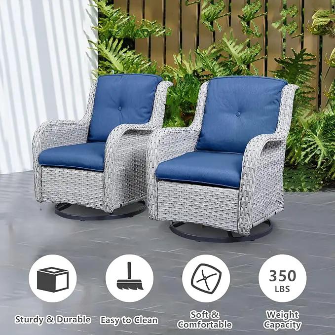 Wicker Patio Furniture Sets - 8 Piece Outdoor Rattan Furniture Conversation Sets with 4 Swivel Rocker Chairs, Rattan Sofa, Wicker Ottomans and Coffee Table, Light Grey/Blue by GreenHaven Gardens