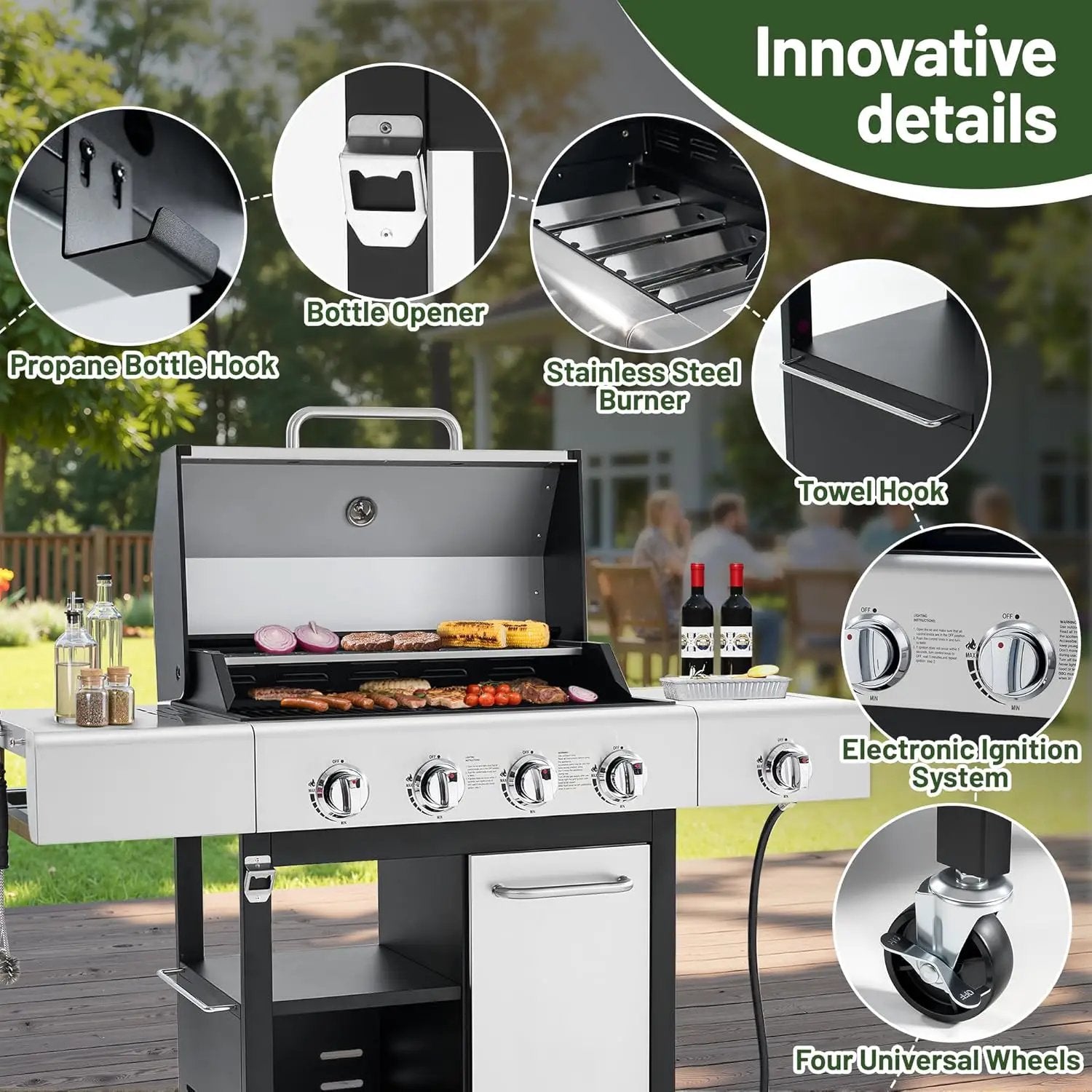 4-Burner Propane Gas Grill with Side Burner & Cabinet, 50,000 BTU Outdoor BBQ Grill with Porcelain-Enameled Cast Iron Grates, Stainless Steel Barbecue Grill for Outdoor Cooking (Silver) by GreenHaven Gardens