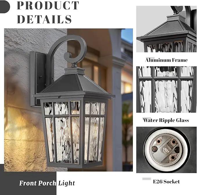 Outdoor Light Fixture 14 Inch Height Outside Wall Lights Black Finish and Water Ripple Glass Exterior Lights for House Garage Porch and Garden E26 Socket 2-Pack by GreenHaven Gardens