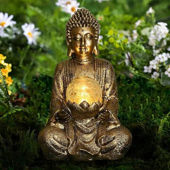 Nacome Meditating Buddha Statue with Solar Light,Zen Solar Garden Buddha with Cracked Glass Ball Sculpture-Indoor/Outdoor Decor for Balcony,Garden,Patio,Porch Yard Art Ornament,10.5 inch(Gold) by GreenHaven Gardens