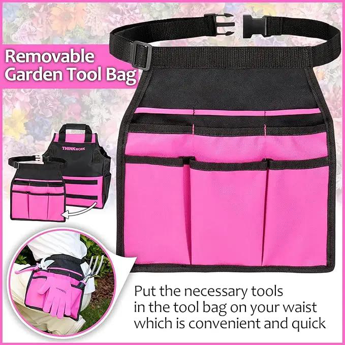 THINKWORK Pink Garden Tools, Gardening Gifts for Women, with 2 in 1 Detachable Storage Bag, Trowel, Transplanter, Rake, Weeder, Cultivator, Purning Shears and 3 Additional Protection Tools by GreenHaven Gardens
