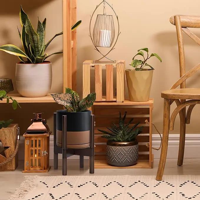 D'vine Dev Ceramic Planter with Walnut Color Stand - 8 Inch Modern Round Flower Pot with Wood Planter Holder, Black/Speckled Tan, 55-B-Y-7 by GreenHaven Gardens