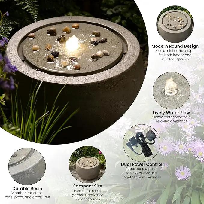 Garden Water Fountain Outdoor Large Round Bubbler Water Feature Indoor with Lights & Pump and Pebbles Concrete Effect for Patio Pool Pond Yard Home Decor Gray, 25 "L X 25" W X 17.5" H by GreenHaven Gardens