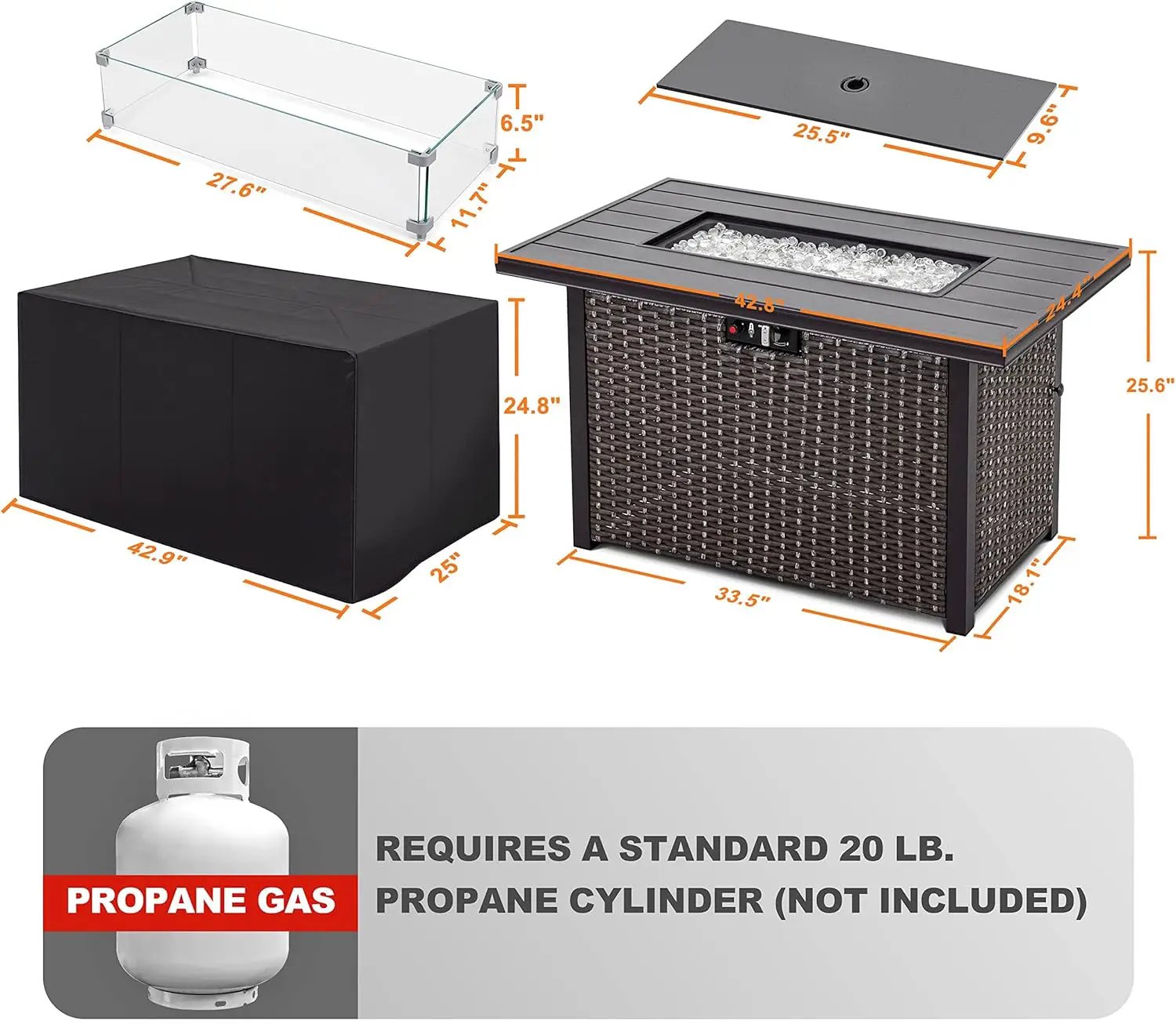 Nuu Garden Outdoor 43 Inch 50,000 BTU Propane Gas Fire Pit Table, Aluminum Tabletop and PE Rattan Weaved Steel Frame, Water-Proof Oxford Cover, Glass Fire Pit Wind Guard, Glass Beads, Lid, Dark Brown by GreenHaven Gardens
