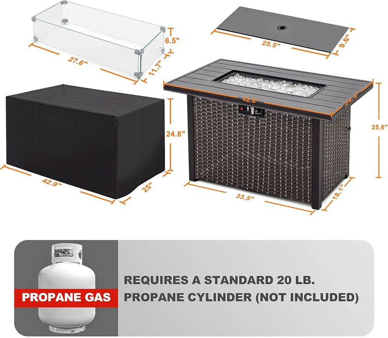Nuu Garden Outdoor 43 Inch 50,000 BTU Propane Gas Fire Pit Table, Aluminum Tabletop and PE Rattan Weaved Steel Frame, Water-Proof Oxford Cover, Glass Fire Pit Wind Guard, Glass Beads, Lid, Dark Brown by GreenHaven Gardens