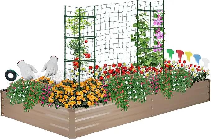 ONCEMORE Galvanized Raised Garden Bed for Vegetables Flowers Herbs, Metal Raised Garden Bed Kit with 2 PCS Tomato Cage, Gloves, Trellis Netting, Plant Labels, Plant Ties, Brown 6×3×1FT by GreenHaven Gardens