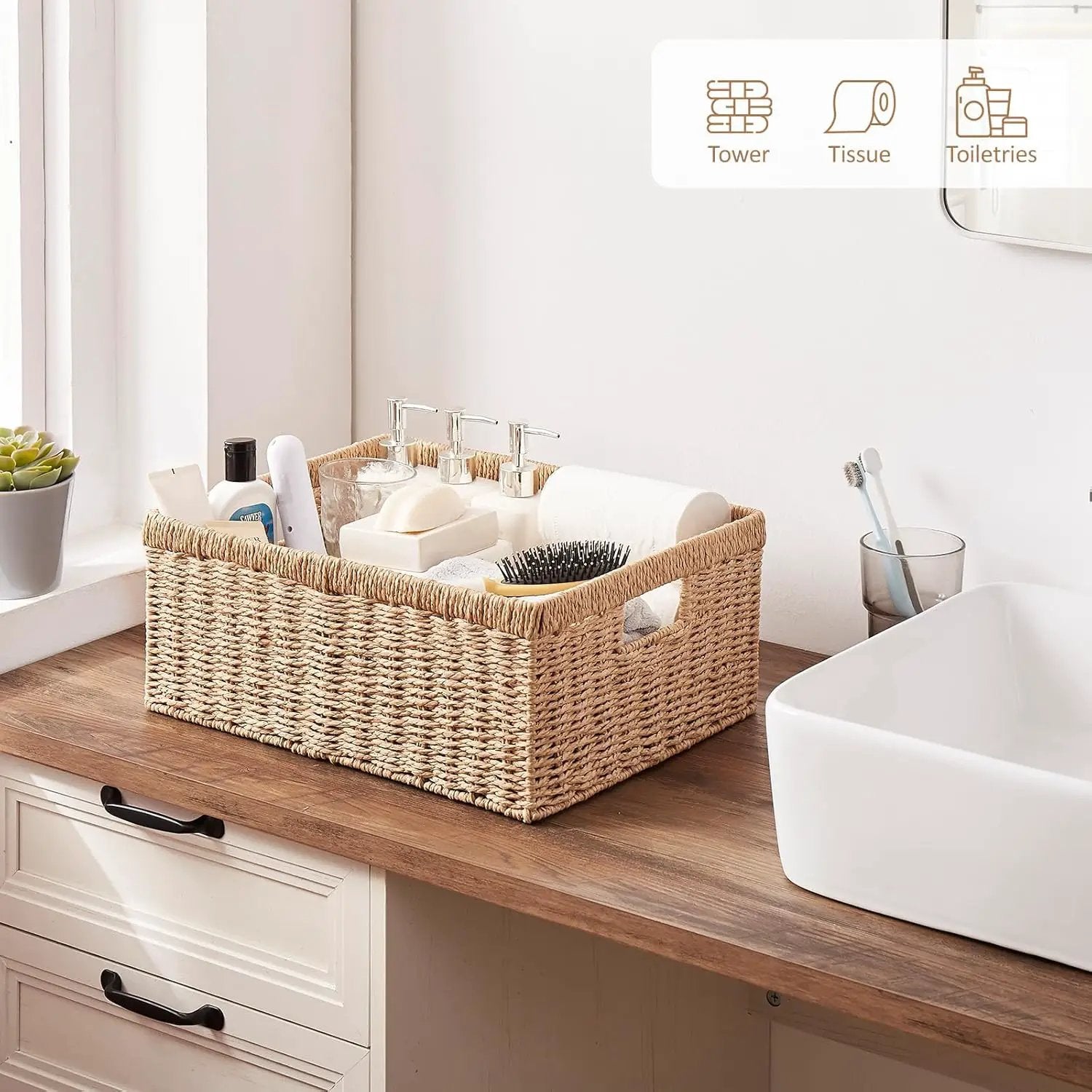 OIAHOMY Wicker Basket, Paper Shelf Basket with Built-in Handles, Rectangular Wicker Storage Bin for Pantry, Shelves, 1 Pack-Yellow by GreenHaven Gardens
