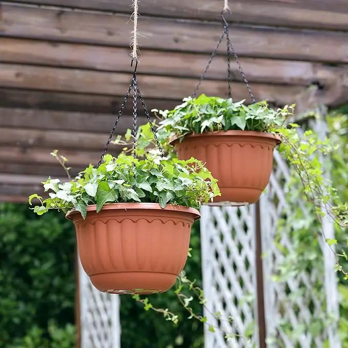 YIKUSH Hanging Planter for Indoor and Outdoor Plants 2 Pack 12 inch Flower Pot Plastic Plant Pot with Drainage Hole and Absorbing Tray（Terracotta） by GreenHaven Gardens