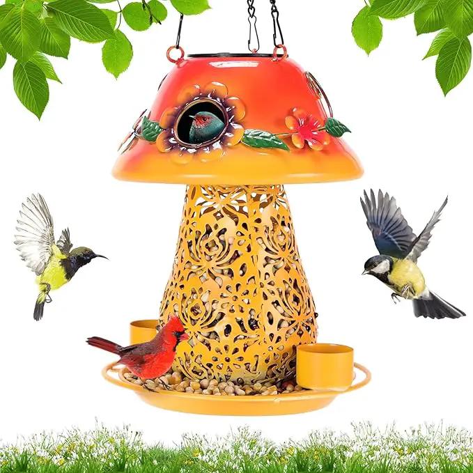 Mushroom Solar Bird Feeders for Outdoors Hanging Metal Wild Bird Feeder Garden Lantern with S Hook for Garden Decoration Orange by GreenHaven Gardens