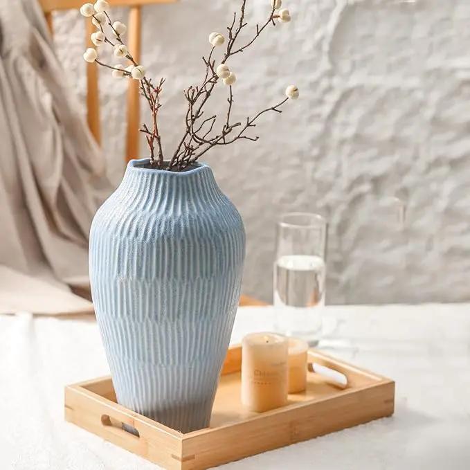 Ceramic Vase for Home Decor,11.6 Inch Flower Vases，Decorative Blue Vase for Pampas Grass，Modern Art Texture Vases for Home Entryway Living Room Dining Table Farmhouse Office Decor-Mat Blue by GreenHaven Gardens
