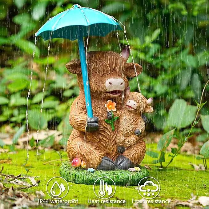 Solar Garden Statues Resin Loving Highland Cow Umbrella Lights Outdoor Decor Gifts for Yard, Patio Decorations by GreenHaven Gardens