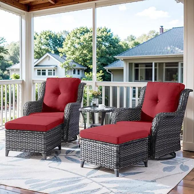 5 Pieces Patio Furniture Sets Wicker Outdoor Furniture, Rattan Patio Swivel Glider Chairs with 2 Ottoman and Glass Side Table by GreenHaven Gardens
