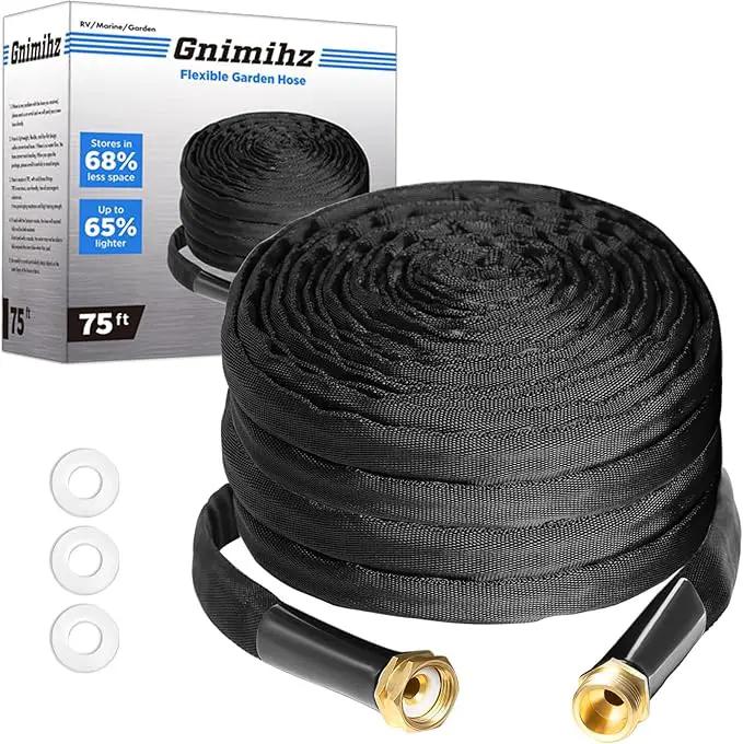 Garden Hose 75ft, Made of TPE(Not PVC), Ultra-Light & Flexible Water Hose with Solid Brass Fittings, Non-Shrinking, Easy to Storage, Drinking Water Safe Material, All-weather, Black, Newbox by GreenHaven Gardens