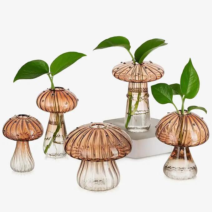 Glasseam Mushroom Plant Propagation Stations: Amber Glass Terrarium Jar Set of 5 Cute Planters for Indoor Plants Mini Propagate Station Unique Christmas Birthday Gifts for Women Home Office Decor by GreenHaven Gardens