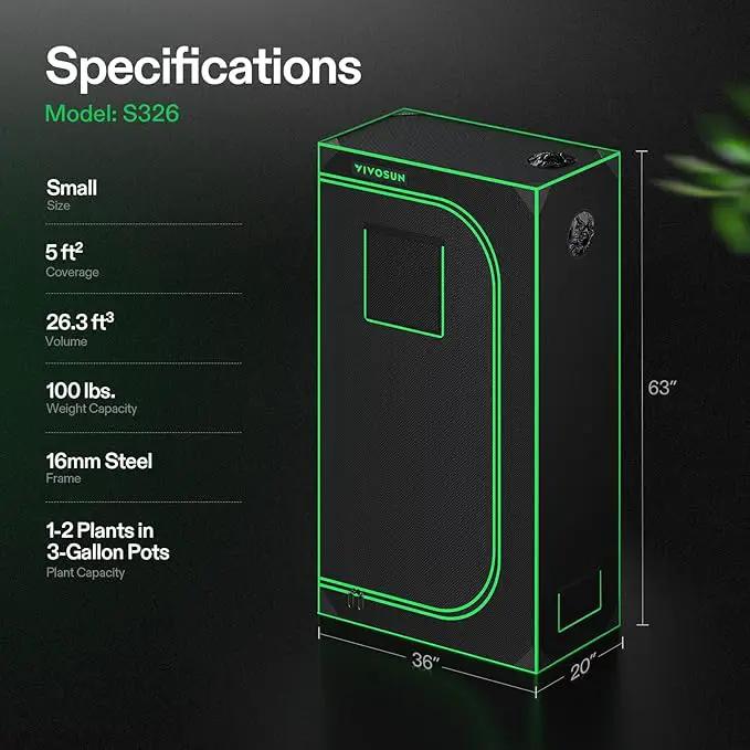 VIVOSUN S326 36"x20"x63" Grow Tent, High Reflective Mylar with Observation Window and Floor Tray for Hydroponics Indoor Plant for VS1000/VS2000 by GreenHaven Gardens