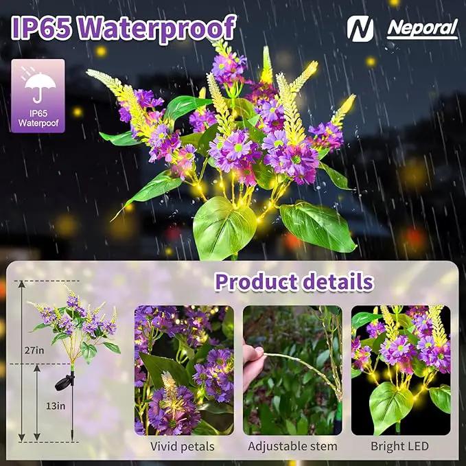 Neporal Solar Flowers Outdoor Waterproof Purple, Lilac Garden Solar Lights Decorative 4PK 8-Stem, 2 Lighting Modes, Solar Powered Garden Decor, Solar Yard Decor by GreenHaven Gardens
