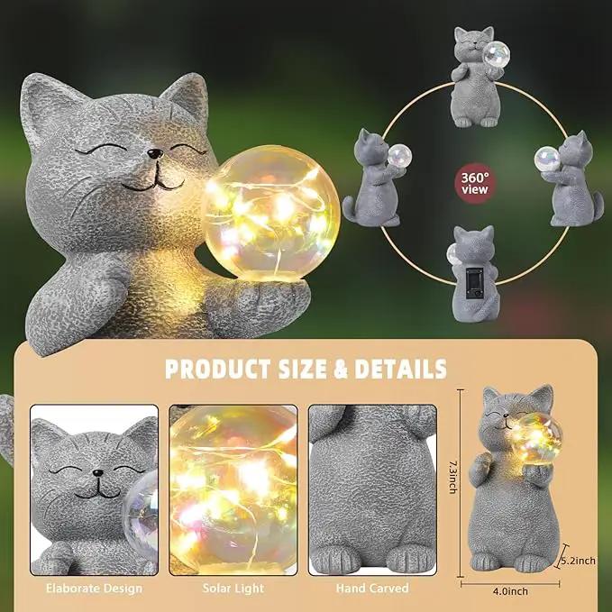 Cat Garden Statue with Solar Ball Light 7.3" Resin Cat Figurine Waterproof for Front Proch Patio Lawn Yard Balcony Decor Birthday Housewarming Gifts for Women Sister Girlfriend Grandma by GreenHaven Gardens