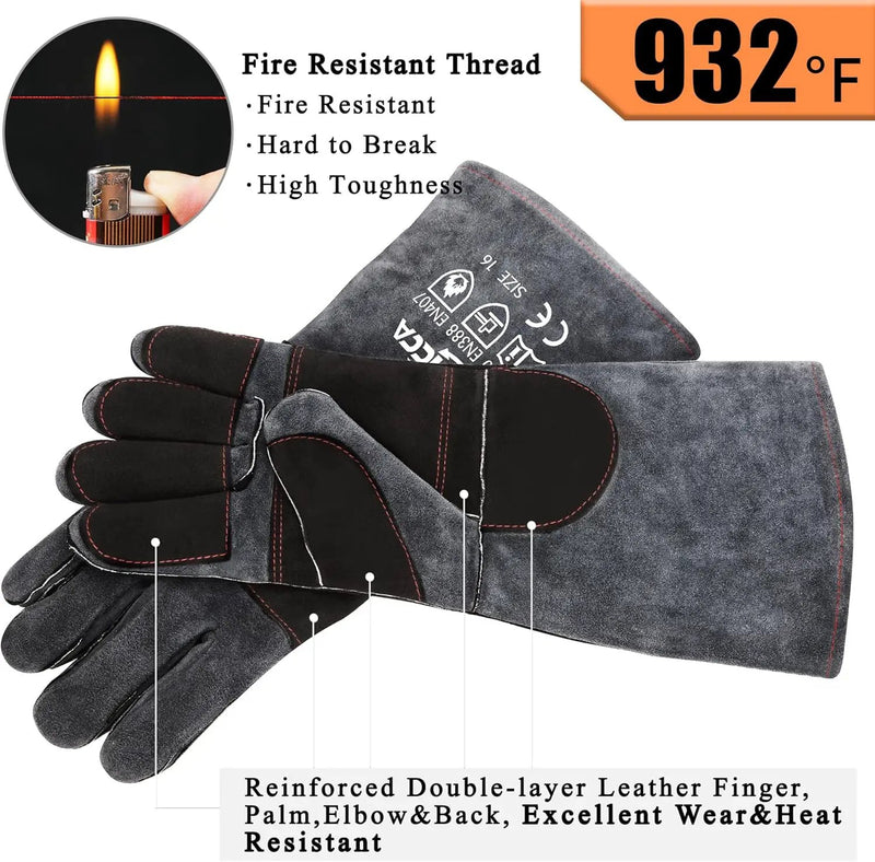 Fireplace Gloves Fire Heat Resistant: Dark-Grey 16IN 932℉ - Fireproof Leather for Fireplace Fire Pit Wood Stove Campfire Furnace BBQ Grill Oven Stick Mig Welding Welder Gear - Birthday Gift XL by GreenHaven Gardens