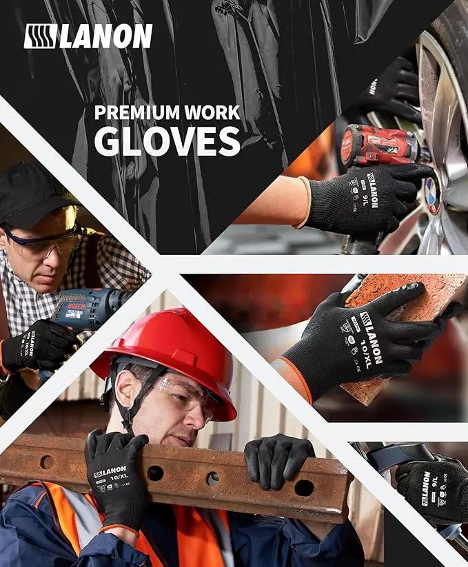 LANON Safety Work Gloves for Men and Women, 18 Pairs Mechanic Black Working Gloves with Grip Odorless PU Coated, Seamless Knit, Full Fingertip Touchscreen for Light Duty Working Gloves, Large by GreenHaven Gardens