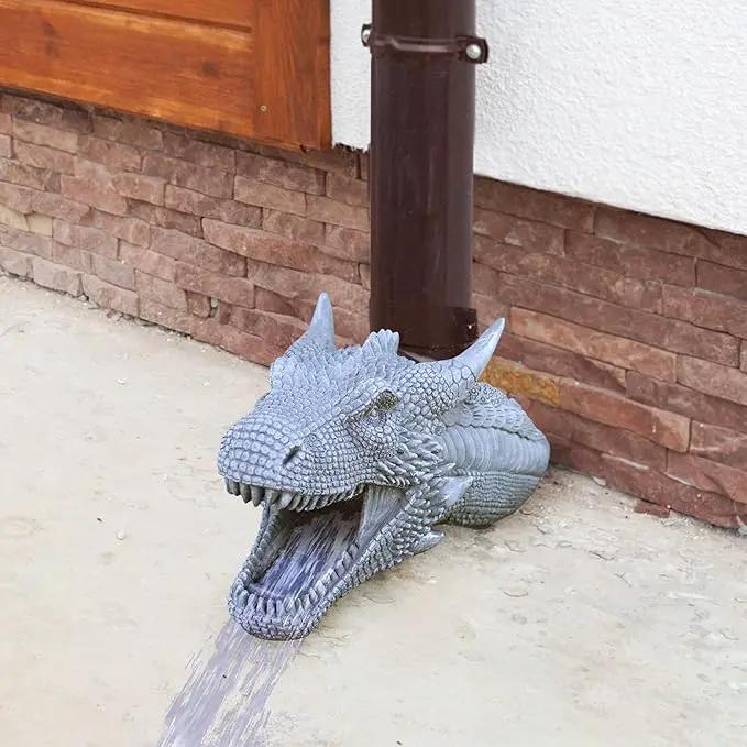Dragon Garden Downspout Sculpture; Splash Block Anchor w/Ramp for Downspout Extension by GreenHaven Gardens